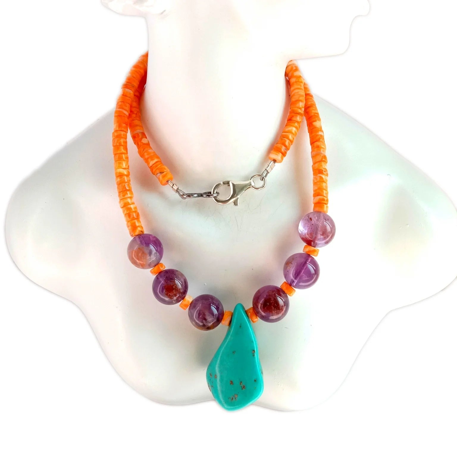 Natural Turquoise spiny oyster Ametrine 925 Sterling Silver Beads handmade Gemstone Necklace