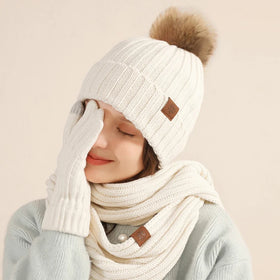 Wholesale Custom LOGO Winter Knitted Warm Set Infinity Scarf and Beanie Hat Touch Screen Gloves Winter Gifts for Men and Women