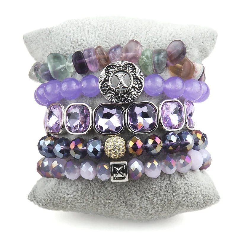 Letter Button DIY Screw Thread Bracelet Natural Gemstone Square Crystal Glass Fluorite Bracelet Elastic Stack Bracelet Set