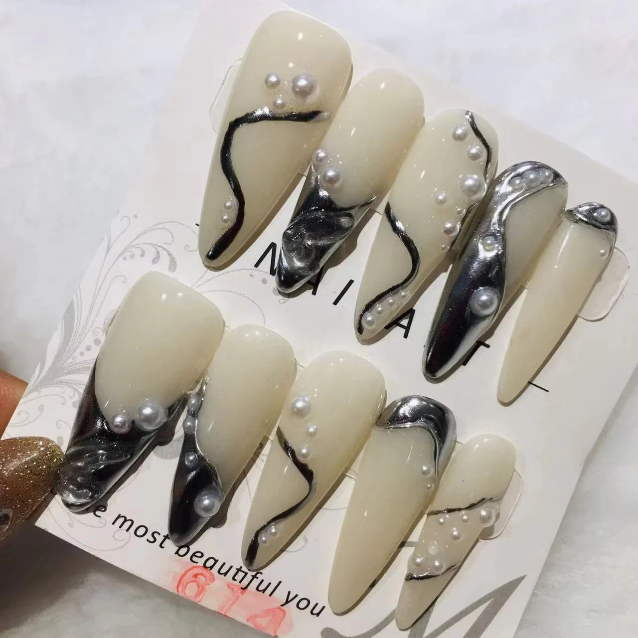 Handmade Simple Nude French 3D Painting Metal Line Design Pearl High ABS Almond Stiletto Reusable False Nails Square Artificial