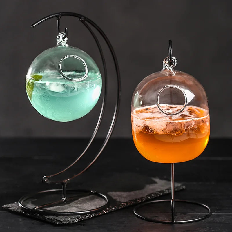 Bar New Ideas Hanging Basket Cocktail Glass Heart Moon Iron Frame Suspension Bottle Juice Beverage Molecular Special Drinks Cup
