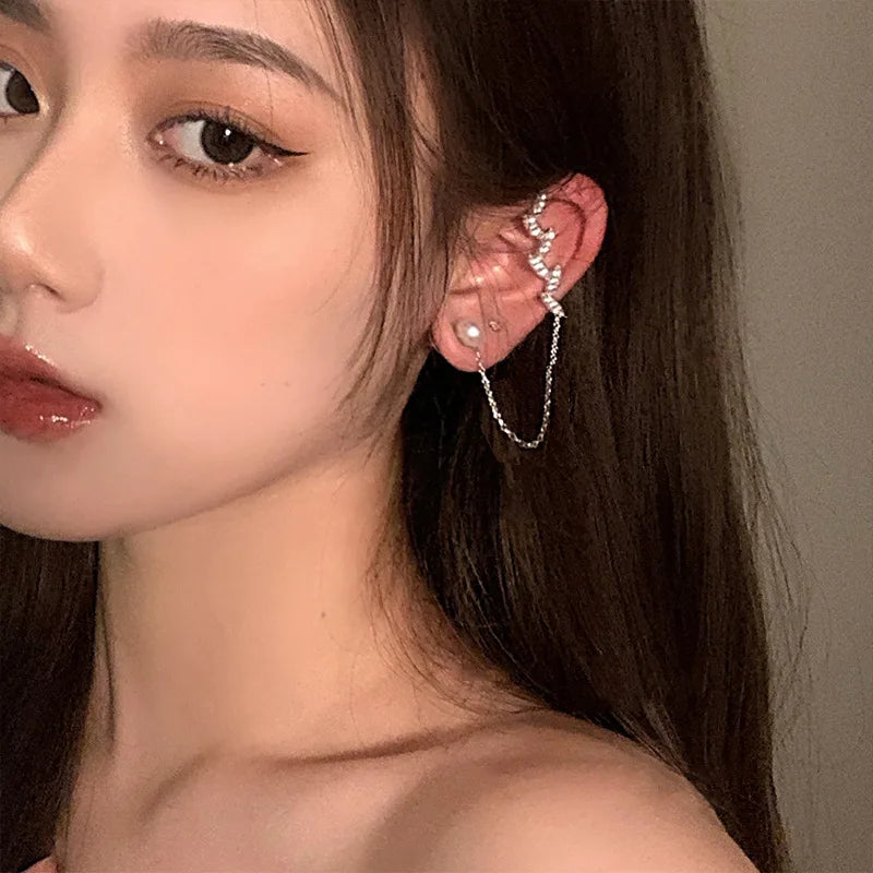 2022 Fashion Exquisite Pearl Tassel Earrings Luxury Temperament Ear Clip Rhinestone Ear Studs Cubic Zirconia Earring Cuffs
