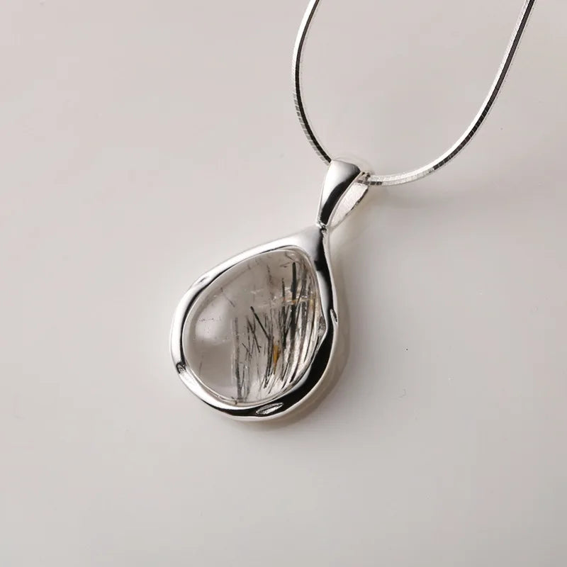 Black Rutilated Quartz Necklace 925 Sterling Silver Snake Chain with Healing Crystal Natural Stone Jewelry for Women