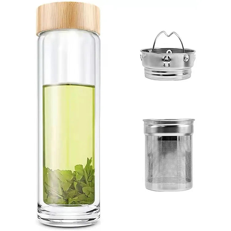 Accept Customized logo 450ML Eco Bamboo Lid Double Wall Borosilicate Glass Water Bottle With Long Tea Infuser Strainer