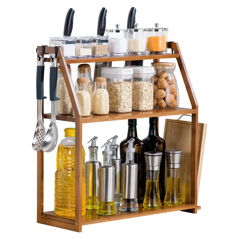 Kitchen Shelves Seasoning Rack Supplies Countertop Storage Rack Bamboo Wood