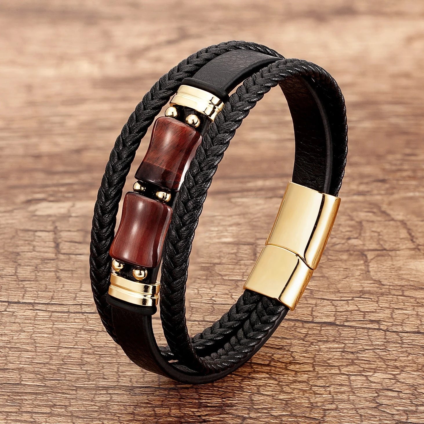 Hot Selling Tiger Stone Beads Braided Bracelet Fashion Stainless Steel Multilayer Handmade Magnetic Buckle Leather Bracelet