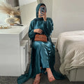 Muslim Saudi Women Eid Modest Satin Belted Open Kimono Abayas 2 Pieces Set Moroccan Gulf Kaftan Islam Clothing Galabia