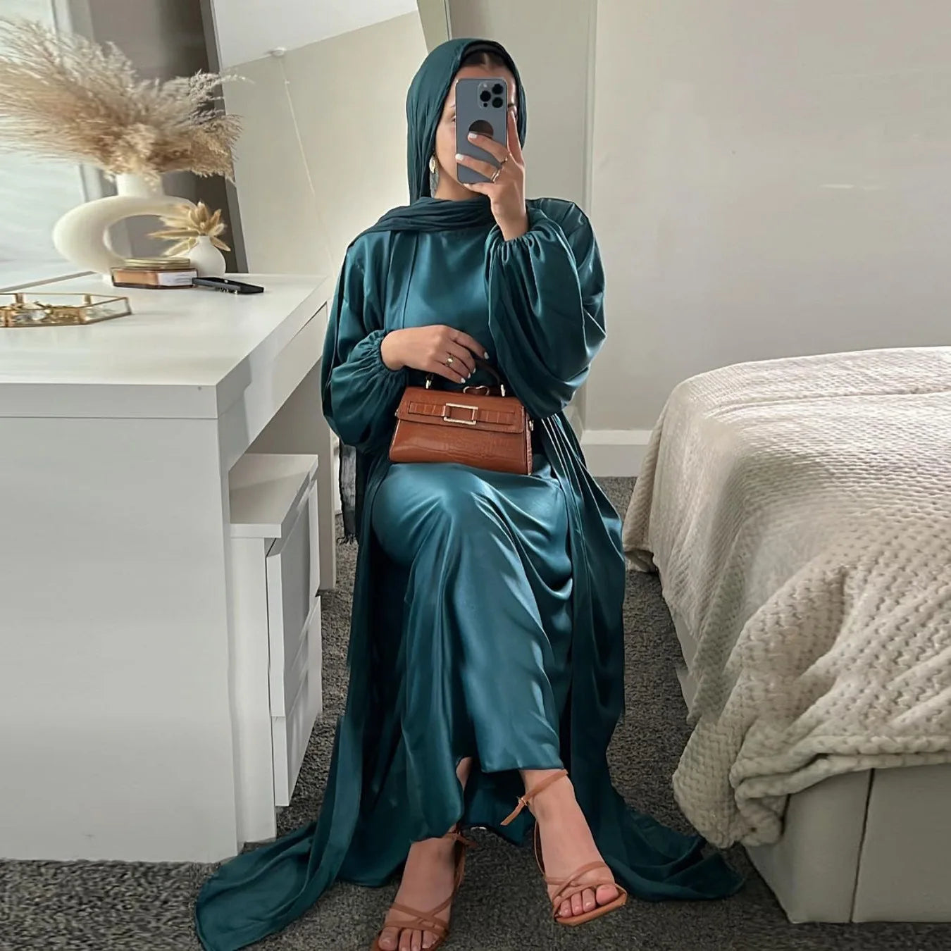 Muslim Saudi Women Eid Modest Satin Belted Open Kimono Abayas 2 Pieces Set Moroccan Gulf Kaftan Islam Clothing Galabia