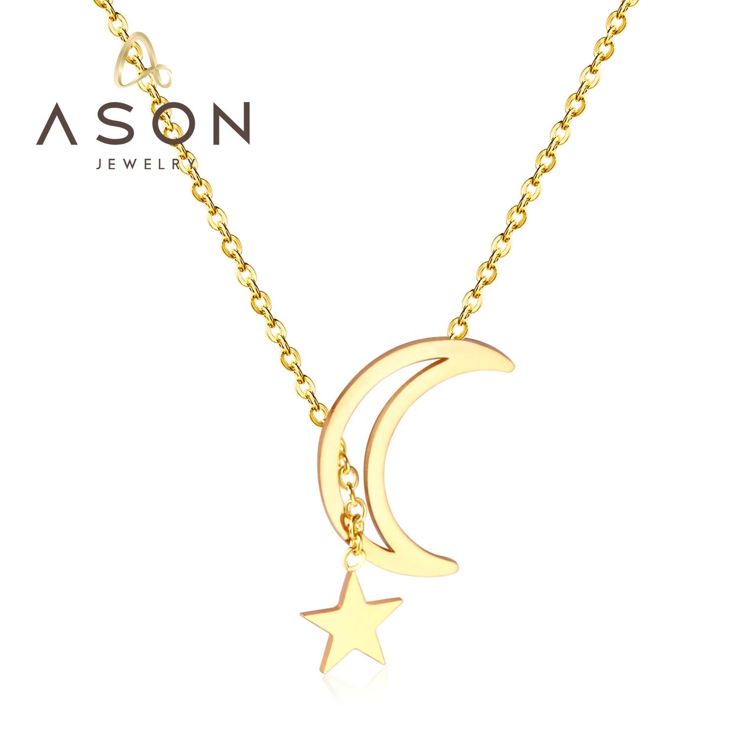 Ason Fashion Customizable Wholesale Jewelry Womens Necklace Stainless Steel 18K Gold Plated Personalised Star and Moon Necklace