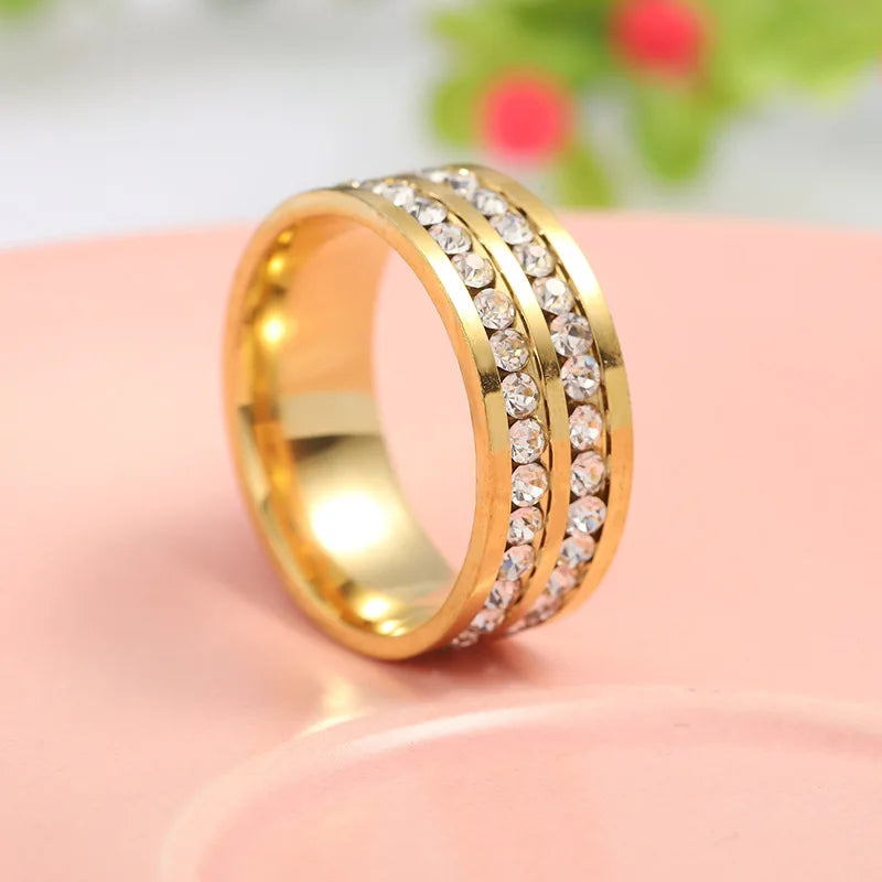 Factory Direct Sale Gemstone Stainless Steel Rings for Men Women Double Row Crystal  Gold Women Wedding Ring