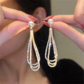 Korean Fashion S925 Silver Needle Full Diamond Long Tassel Earrings for Women Ladies Shiny Crystal Rhinestone Pearl Earringsen