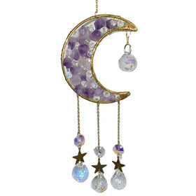 Natural Crystal Moon Sun Catchers Amethyst Rough Stone Catcher Hanging Moon Wind Chime