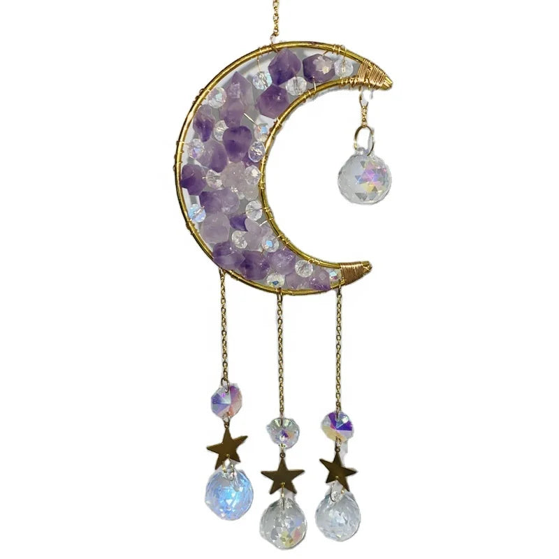 Natural Crystal Moon Sun Catchers Amethyst Rough Stone Catcher Hanging Moon Wind Chime