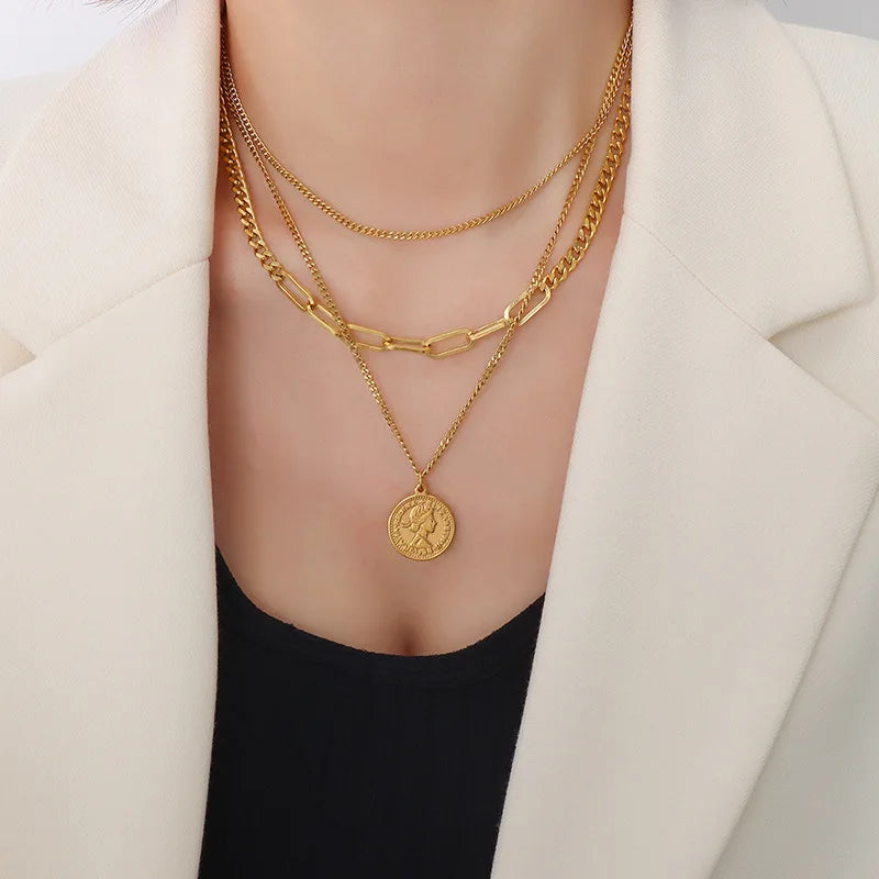 French Personality Stainless Steel 18K Gold Multi-layer Necklace Figure Round Brand Pendant Necklace Wholesale Spot
