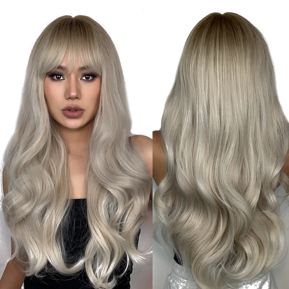 Wigs Wholesale Gray Blonde Ombre Synthetic Hair Wigs Long Natural Wavy Heat Resistant Wig with Bangs for Women Daily Hair