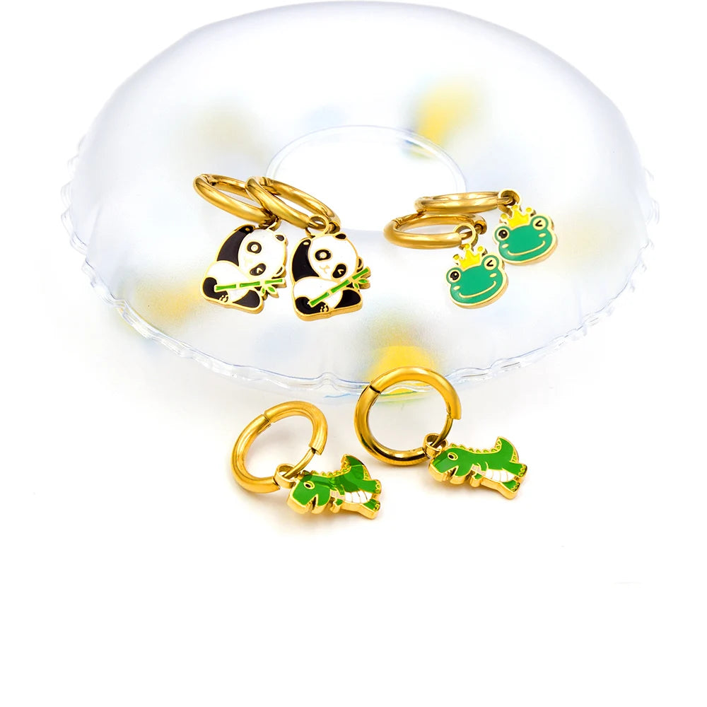 Colorful Stainless Steel 18K Gold Plated Small Hoop Cute Girls Babe Juvenile Panda Frog Dinosaur Kids Earrings