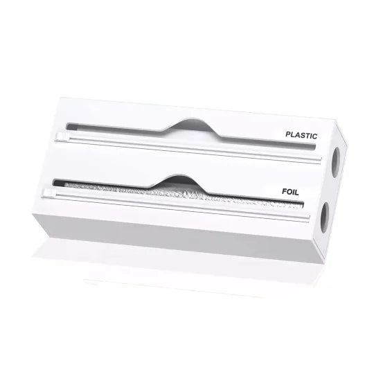 JUNJI Bamboo White Plastic Cling Wrap Dispenser with Cutter Foil Organizer for Drawer Aluminum Foil Dispenser Organization