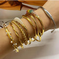 K100 Women Non Tarnish Zircon Pearl 18K PVD Gold Plated Stainless Steel Adjustable Charm Bangle Chunky Cuff Open Bracelet