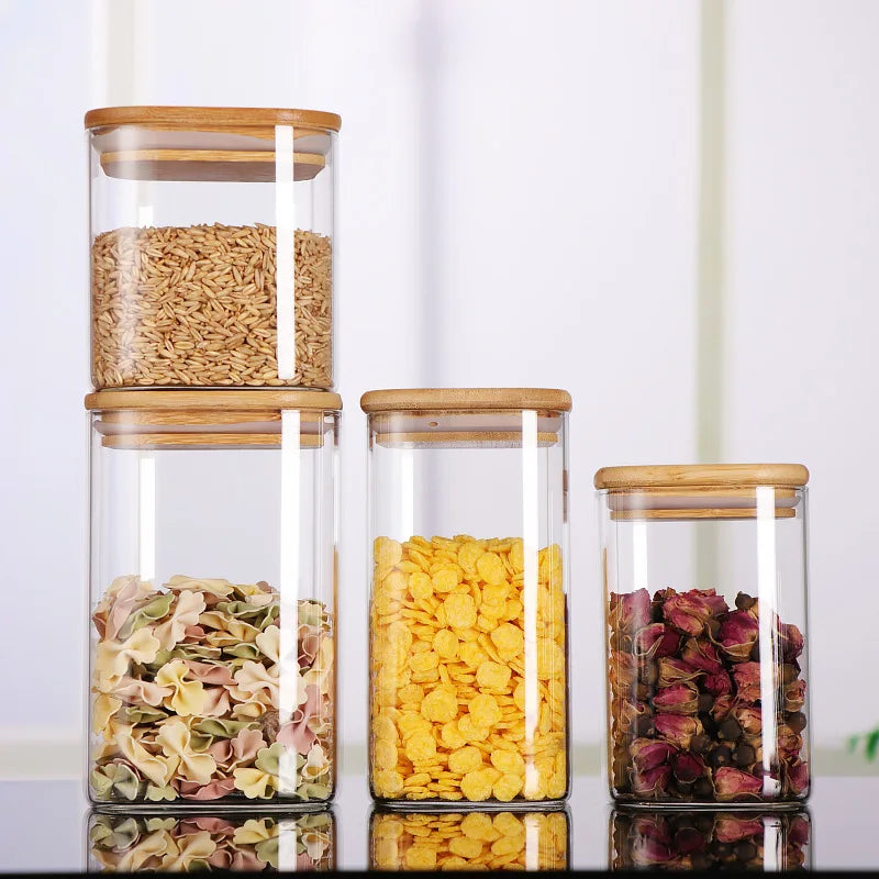 High Borosilicate Square Glass Jar with Bamboo Wood Lid for Snack Candy Cookie Storage or Food Storage