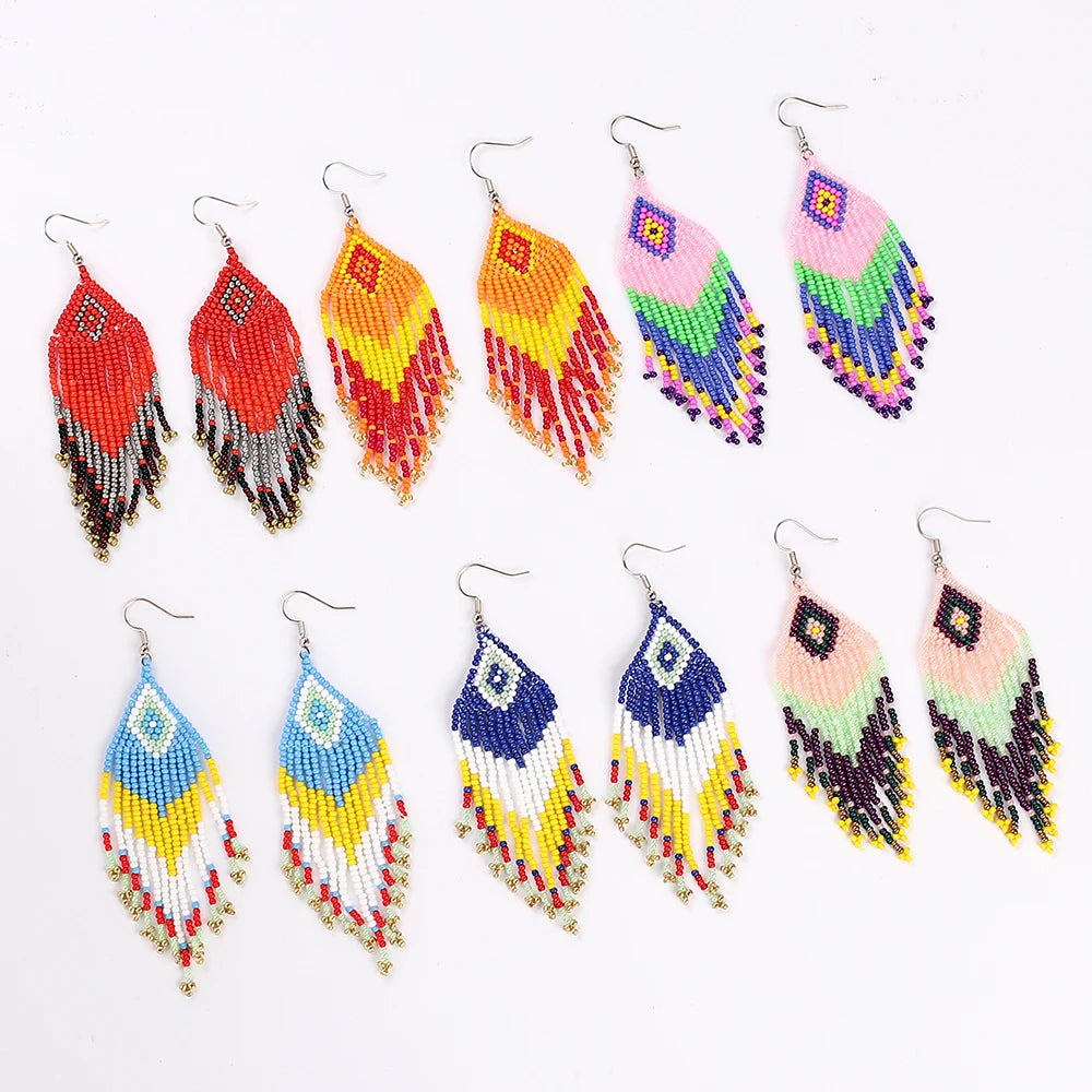 Handmade Colorful Seed Beads Tassel Earrings Long Bohemian Fringe Drop Jewelry for Women's Fashion