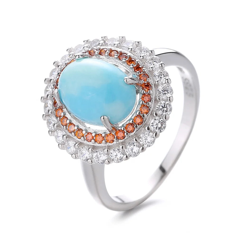 New Trend 925 Sterling Silver Natural Gemstones Larimar Ring for Women Geometry