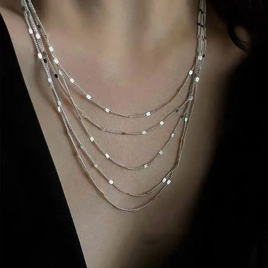 Personalized S925 Sterling Silver Shiny Multilayer Chain Charm Necklace for Women Wholesale