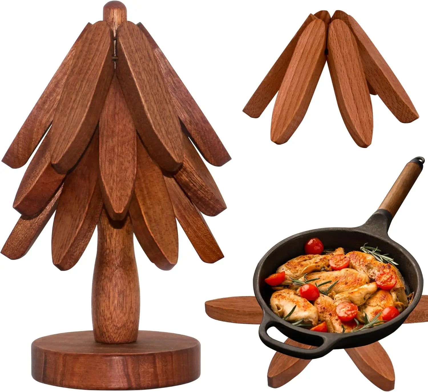 Multifunctional Ornaments Pan Bowl Teapot Hot Holders Heat Resistant Folding Sapele Wood Tree Coaster for Hot Dishes