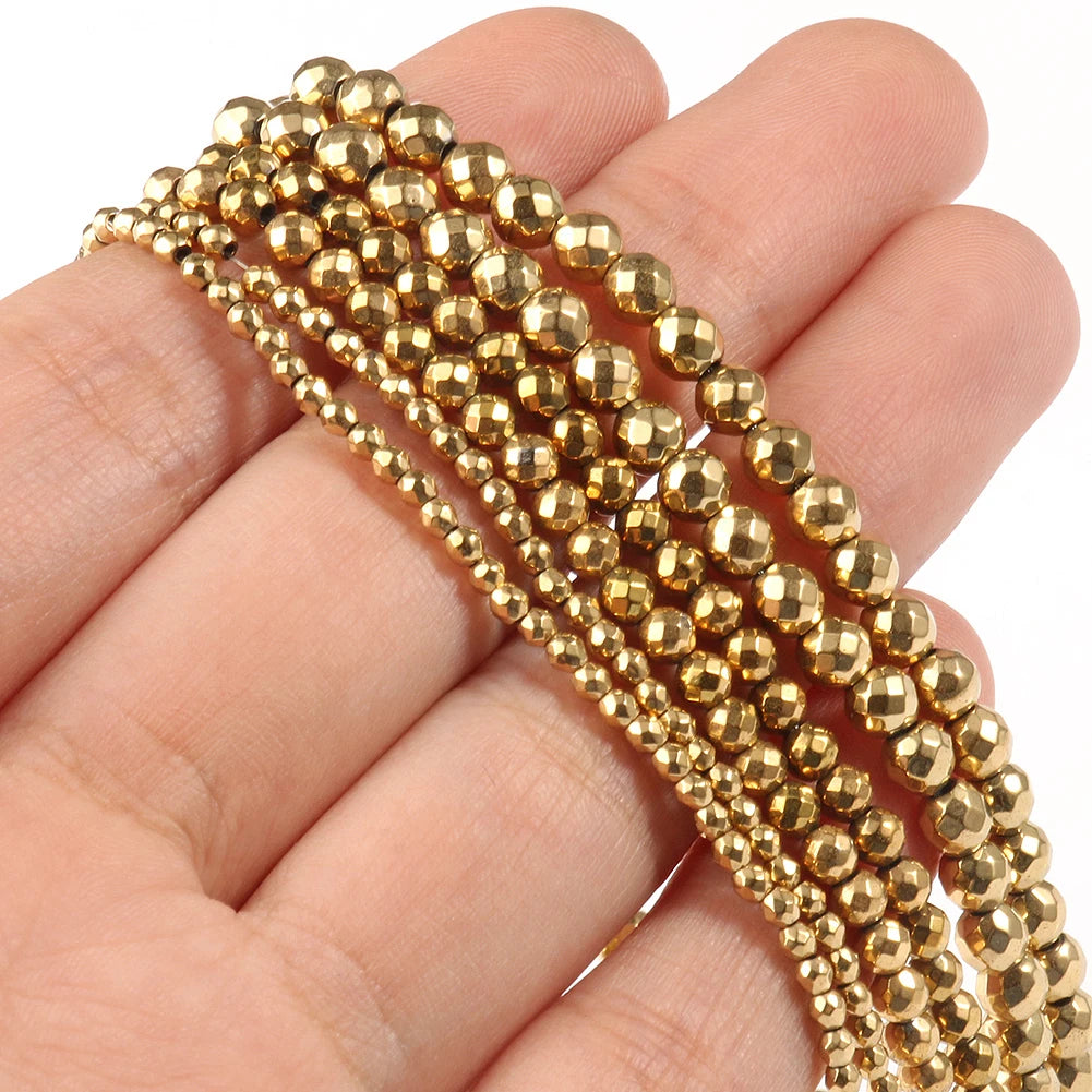 Wholesale Natural Semi Gemstone Loose Round 2/3/4mm Gold Plated Faceted Hematite Stone Beads for Jewelry Making DIY