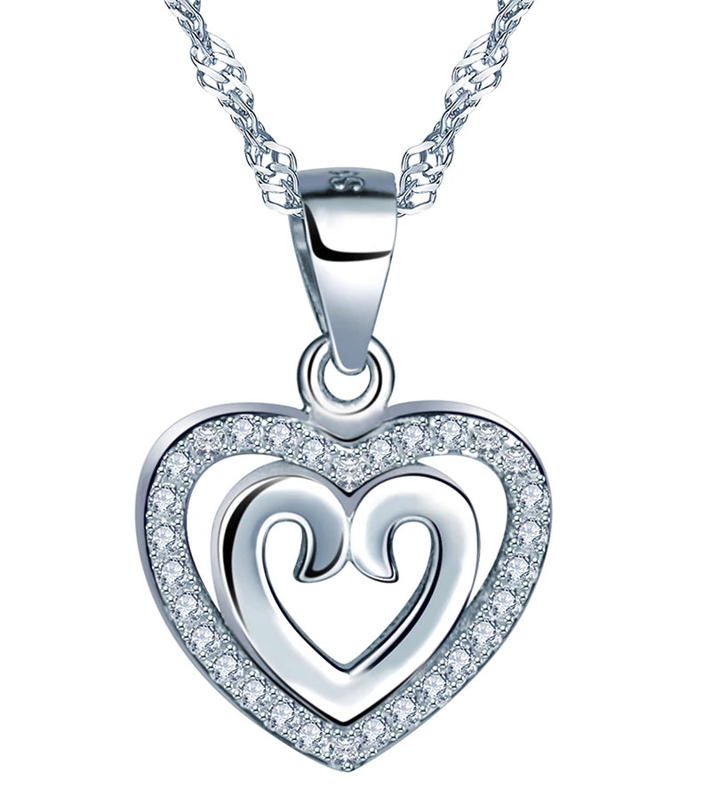 Women's S925 Sterling Silver Double-Hollow Heart Pendant Necklace Inlaid Zircon Rhodium Plated for Weddings and Engagements