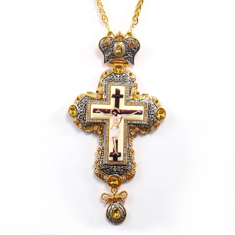 Orthodox Religious Gold and Black Gun Plated Color Pectoral Cross Necklace with Luxury Yellow Stones