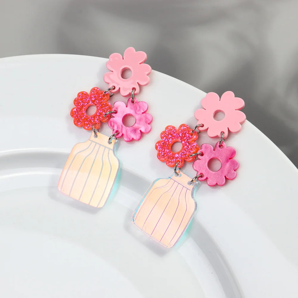 New Creative Hollow Sparkling Pink Flower Laser Vase Dating Accessories Large Sequin Pendant Acrylic Drop Earrings for Women