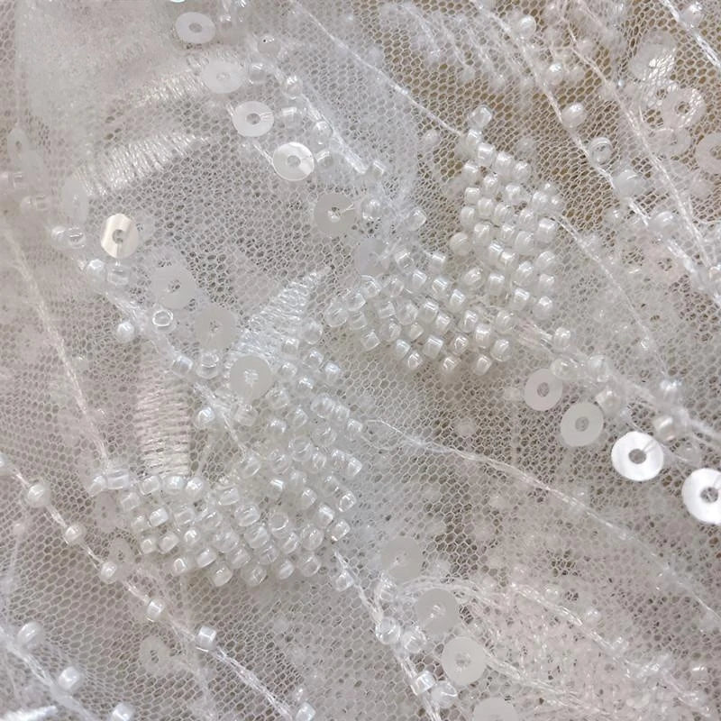 New Style Luxurious Beaded Shiny 3D Bridal Lace Fabric White Flowers Branches Leaves Sequined Mesh Embroidery 100% Polyester