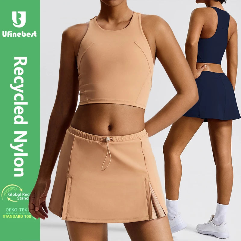 Women's Eco-friendly Gym Fitness Sets Breathable & Recyclable Basic Medium Length Tank Top & Short Tennis Skirt Two Piece Set