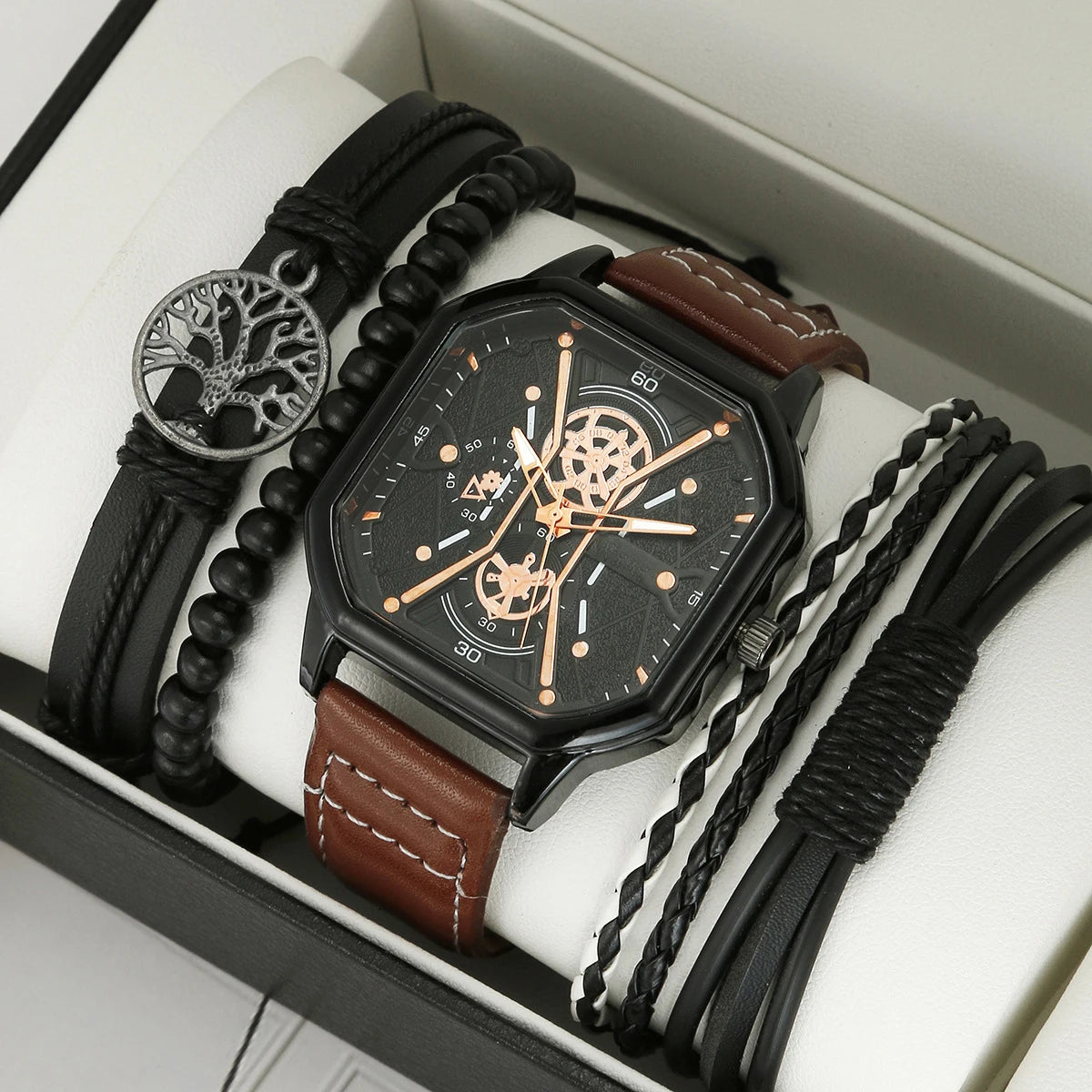 Casual Fashion Sports Wrist Watch for Men Luxury Business Wristwatch Leather Watch Gift Set