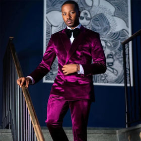 Purple Velvet Men's Suit 2 Pieces Blazer Pants Double Breasted Peaked Lapel Business Slim Modern Wedding Groom Costume Homme