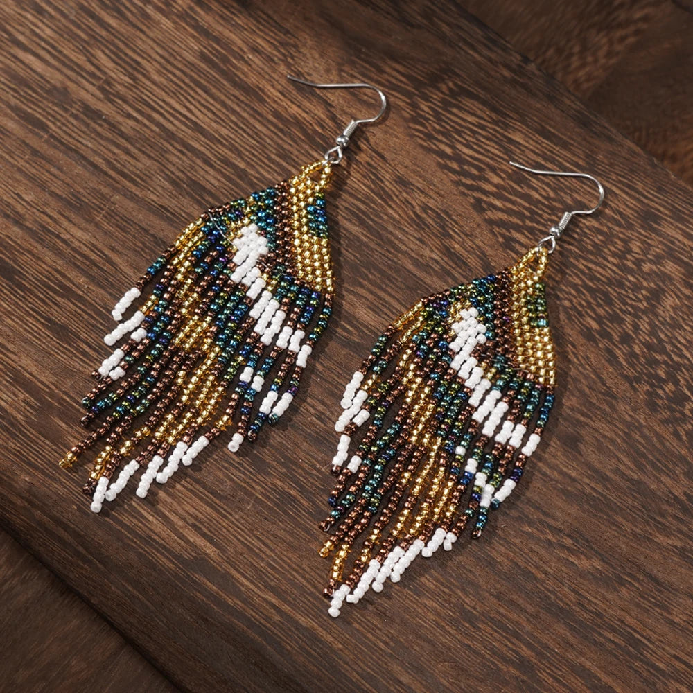 Go2boho Handmade New Women's Drop Earrings Colorful Flower Geometric Design with Glass Beaded Fringe Bohemian Tassel Style