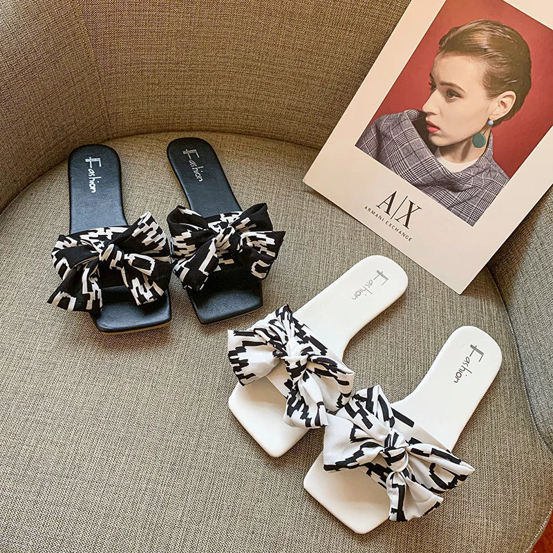 Black and White Elegant Bow slippers Fabric Women Sandals 008