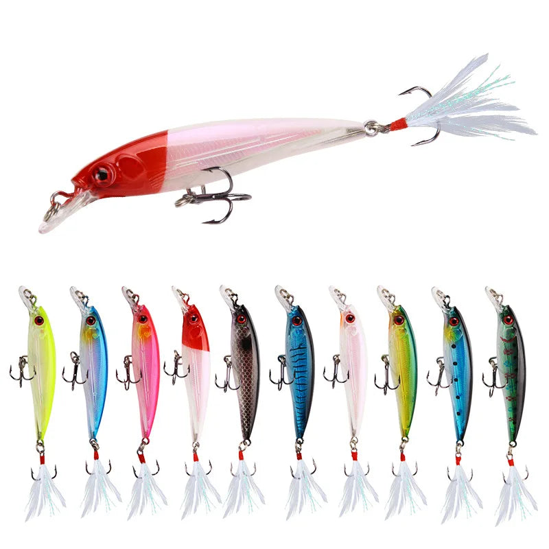 Minnow 7g/10.5cm 3x Feather Hook Mandarin Fish Freshwater Sea Water Bass Lure
