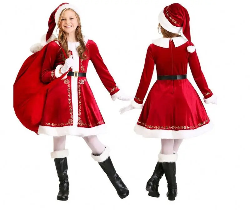 Creative Design Christmas Clothes for Kids Red Santa Holiday Party Outfit Velvet Christmas Children Costume