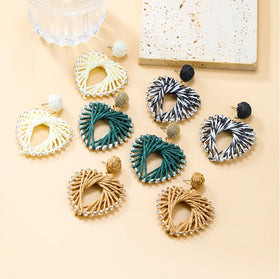 New Bohemian Handmade Geometric Heart Wooden Rattan Braid Rhinestone Drop Earrings for Women Statement Earring Wholesale Jewelry