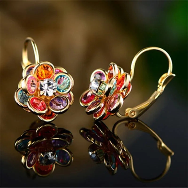 Huitan Sweet Beautiful Colorful Zircon Hoop Earrings Girls Lady Lovely Romantic Cubic Gold Flower Earrings Women