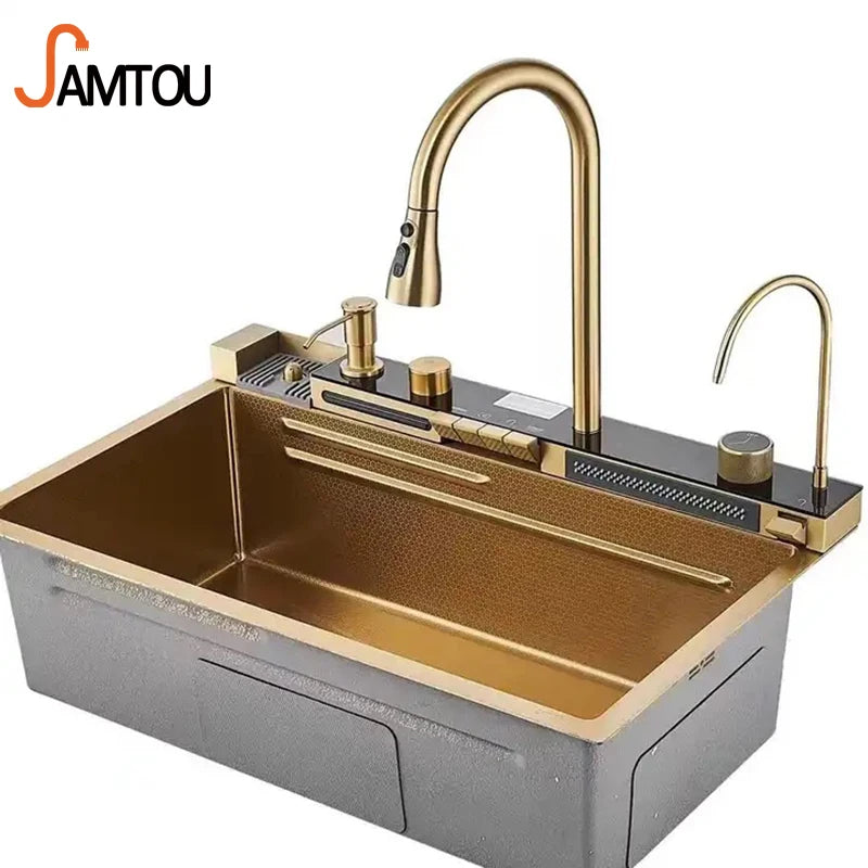 2023 SAMTOU Tiktok 30 32 Inch Golden Waterfall Sink Gold 304 Stainless Steel Faucet Handmade Kitchen Sink