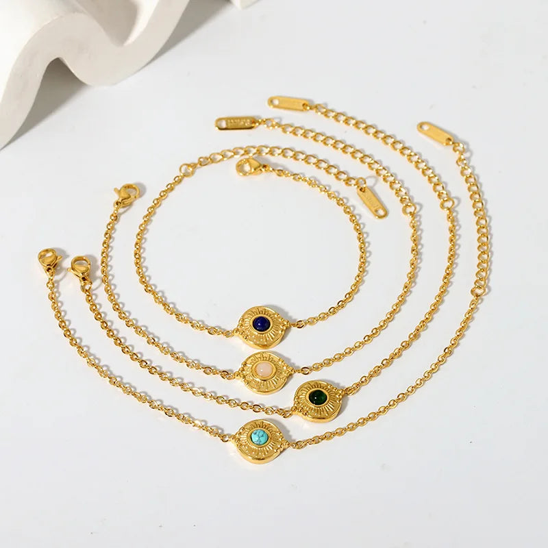 Wholesales New Trends 18k Gold Plated Stainless Steel Natural Stone Rounded Vintage Charm Bracelet