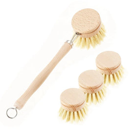 Replaceable Head Kitchen Brush with Wooden Sisal Bristle for Cleaning and Maintenance