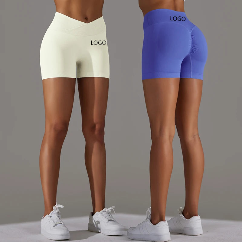 XW-6627 New High Quality Seamless Knit Breathable Solid Colour Crossover Waist Gym Peach Butt Yoga Fitness 3/4 Shorts for Women