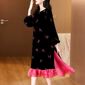 Casual Plus Size Velvet Dress Autumn New Style Slim Loose Elegant Black Dress