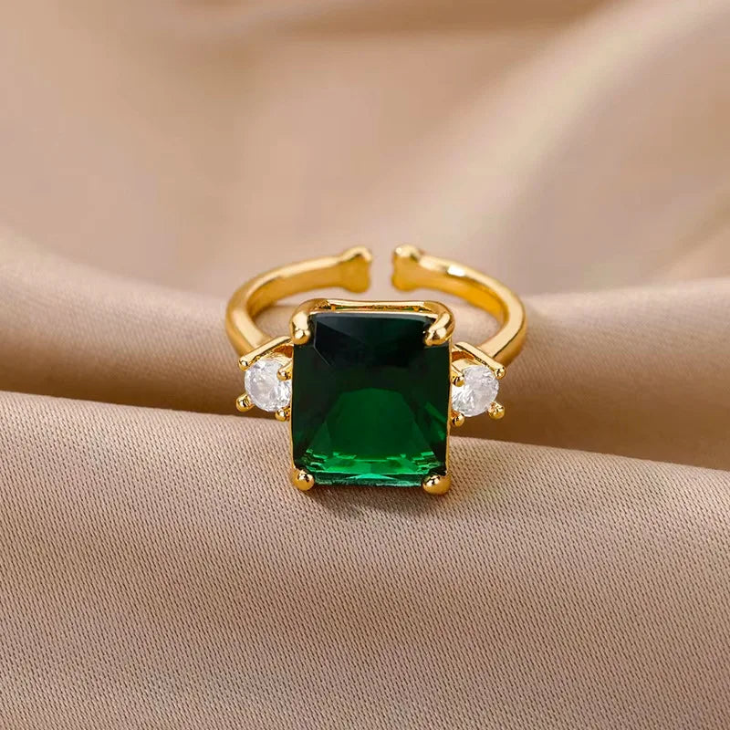 INS Trendy Stainless Steel Finger Rings Personality Gemstone Gold Resizable Rings Women Anniversary Birthday Gift
