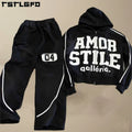 Custom Oversized Boxy Fit Side Stripe Washed Applique Embroidery Patches  Zip up Hoodies and Sweatpants Set SweatSuits Men