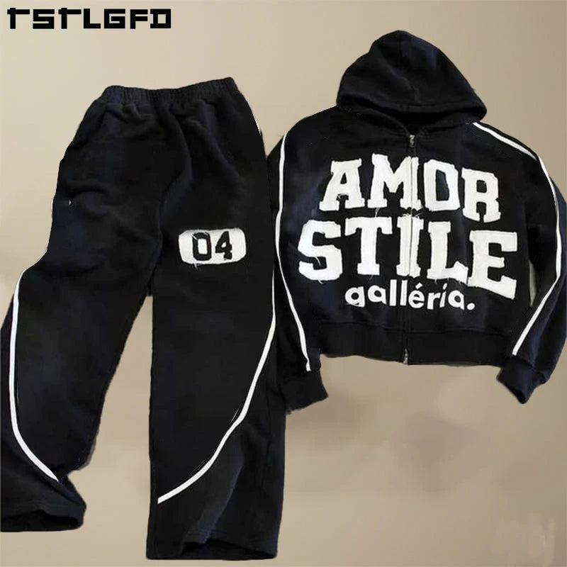 Custom Oversized Boxy Fit Side Stripe Washed Applique Embroidery Patches  Zip up Hoodies and Sweatpants Set SweatSuits Men