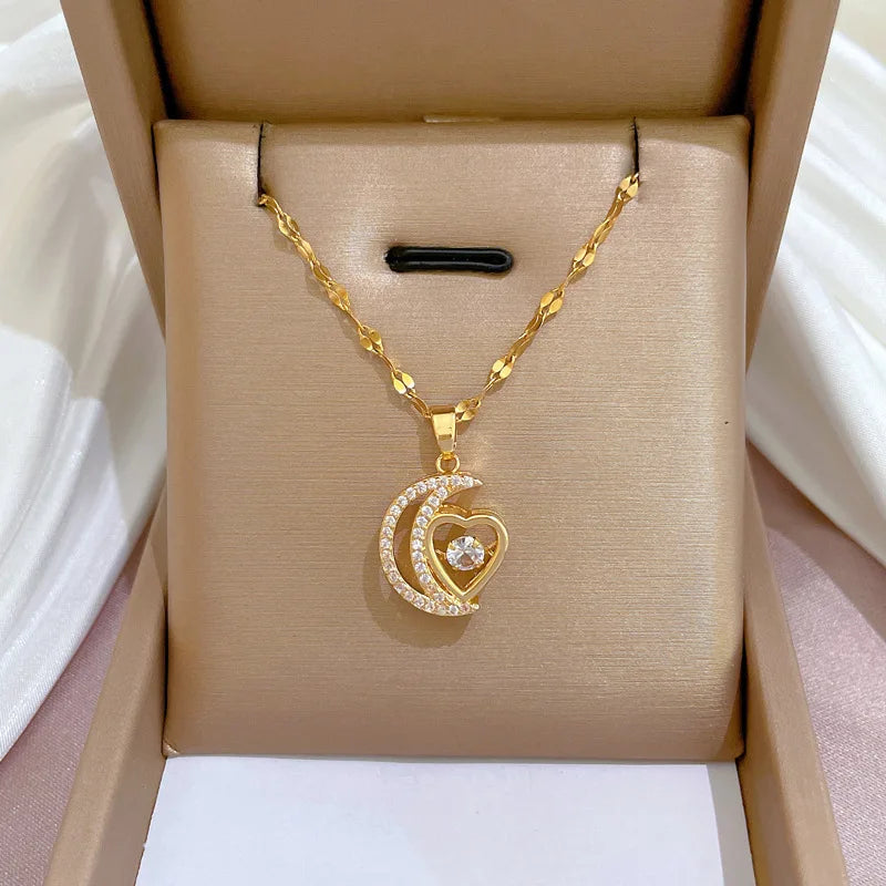 Wholesale Delicate Stainless Steel Half Moon Half Heart Shape Necklace Micro Paved Cubic Zircon Pendant Necklace